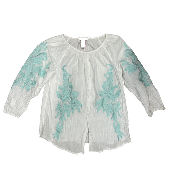 Sundance Sz S Embroidered Blouse Long Sleeve White Peasant Button Travel Aqua - Picture 2 of 9